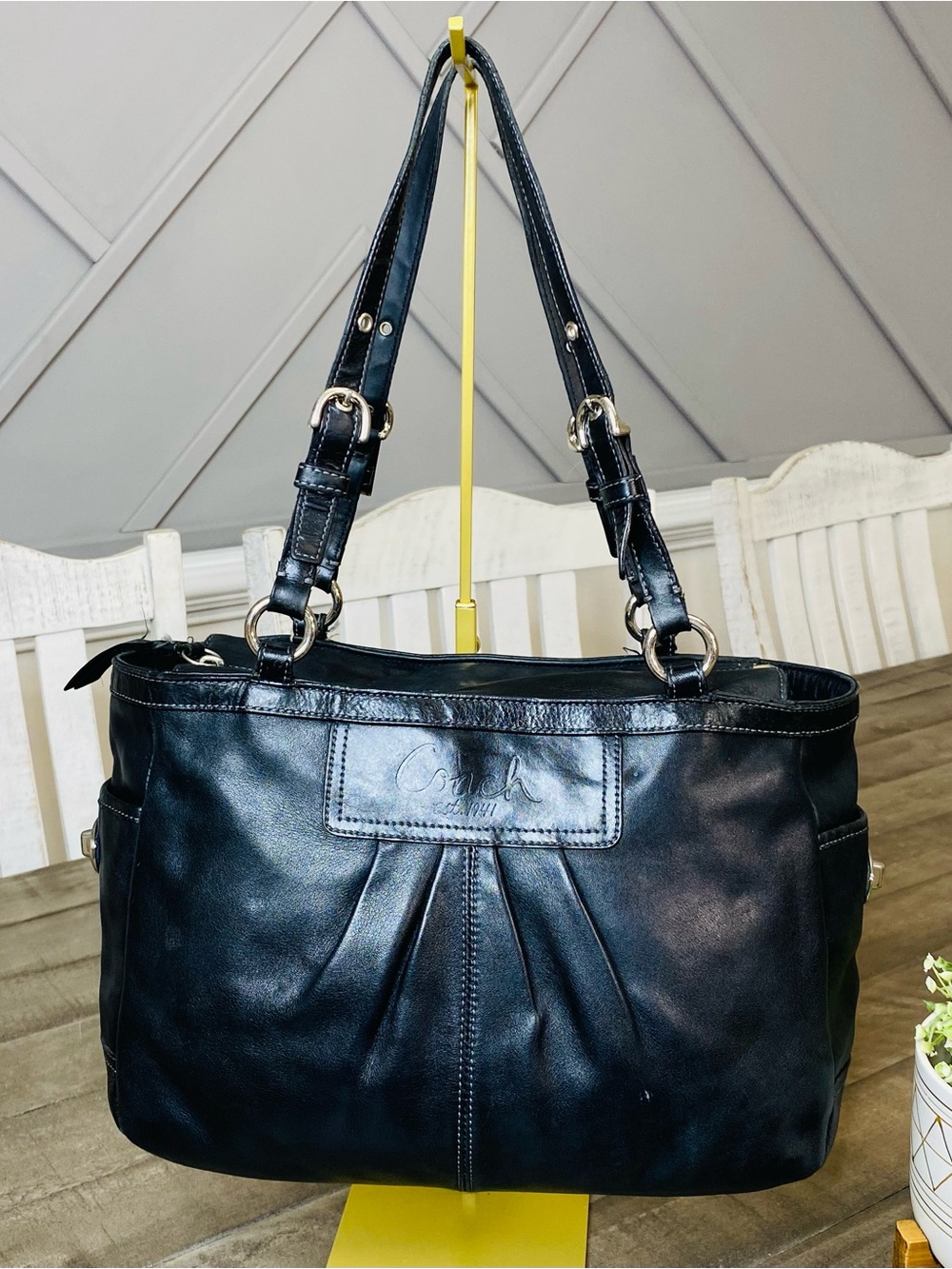 COACH Black Leather Pleated East West Gallery Tote Shoulder Bag